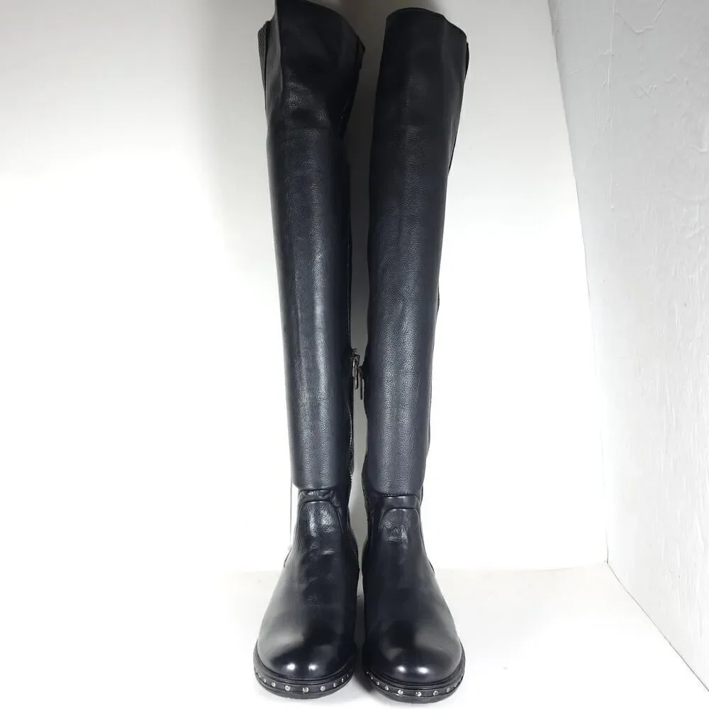 A.S.98 Women's US36 EU6 Black Soft Leather Zip Studded Tall Over The Knee Boots